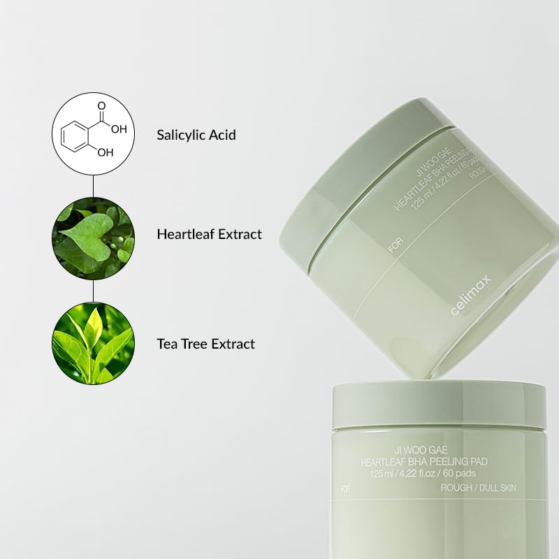 celimax Ji Woo Gae Heartleaf BHA Peeling Pad, Double-Sided Exfoliating Toner Pads with Salicylic Acid, 60 Pads