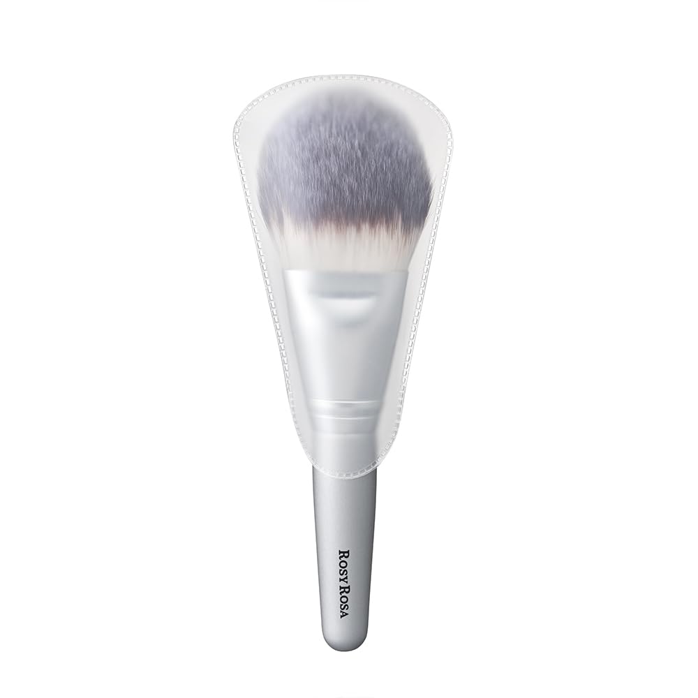 Rosy Rosa Powder Fan Brush, Silver-Handled Makeup Brush for All Powders with Soft Cover, Fits Wide Areas and Contours of the Face