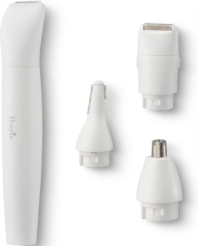 OHM Iberis 4-Way Multi Shaver HB-AZ1753, Battery Shaver with Four Heads for Face, Brows, Nose and Body, IPX6 Washable Heads, White