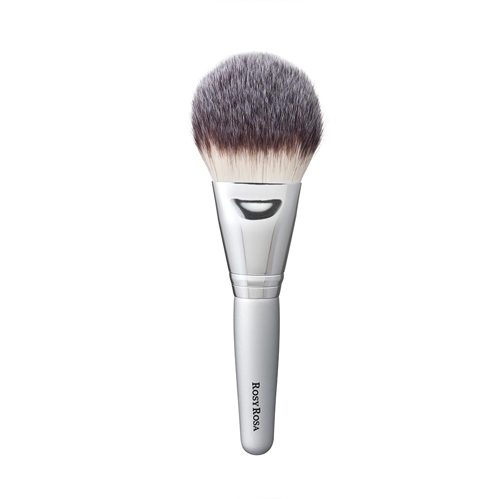 Rosy Rosa Powder Fan Brush, Silver-Handled Makeup Brush for All Powders with Soft Cover, Fits Wide Areas and Contours of the Face