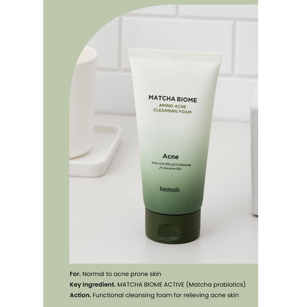 Heimish Matcha Biome Amino Acne Cleansing Foam, Mild pH 5.5 Amino Acid Face Wash for Acne-Prone Skin, 150 g
