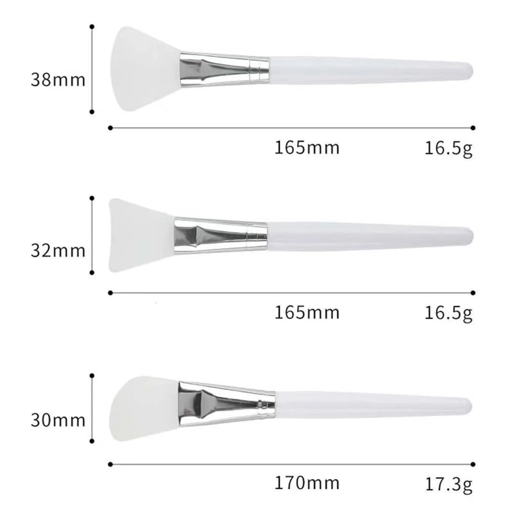 Qikeji Silicone Mask Brush Set of 3, Face Mask and Lotion Applicator Brushes in Three Head Sizes, White Handles with Metal Ferrules