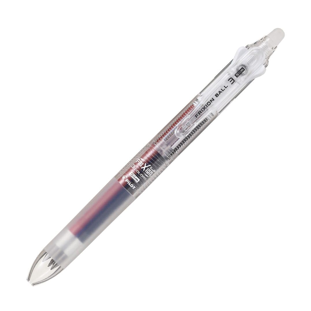 PILOT Frixion Ball 3 Slim 0.38 mm Erasable 3-Colour Ball Pen, Black, Red and Blue Ink, 12.8 mm Slim Body, 144.9 mm, Pearl Green, Orange, Pink, Violet, Blue, Silver or Clear