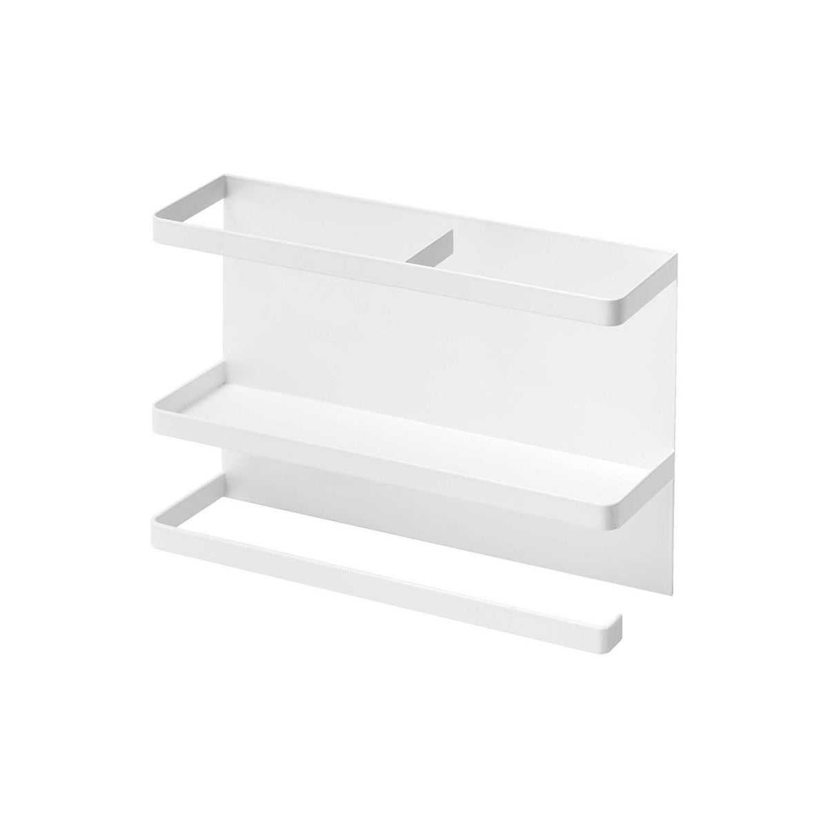 Yamazaki Tower Magnetic Kitchen Paper and Wrap Holder, Magnetic Holder for Kitchen Paper, Wrap and Plastic Bags That Sticks to a Refrigerator Side, Removable Hooks for Tools, Rolls Up to 15 cm Across, Holds 2 kg, 29 x 8 x 20 cm and 1000 g, White or Black