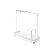 Yamazaki Tower Sponge and Cleaning Tool Stand, Stand That Drains Two Sponges and Hangs a Flask and Sink Brush Over a Water Tray Beside the Sink, Needs a Flat Spot 25 cm Wide, Heat Safe to 120 C, 25 x 9 x 24.5 cm and 660 g, White or Black