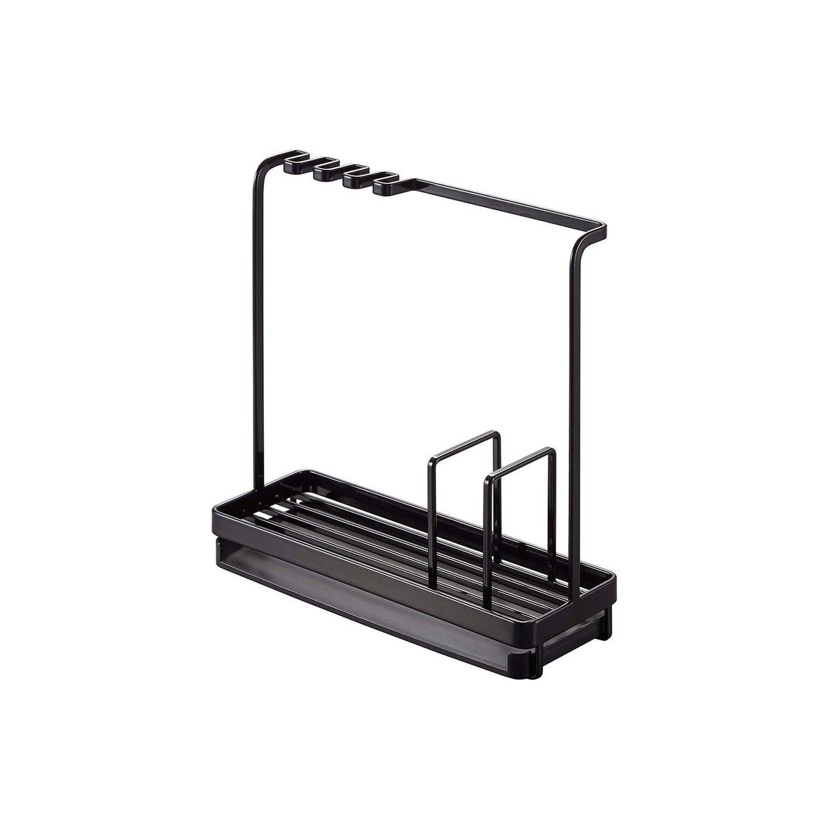 Yamazaki Tower Sponge and Cleaning Tool Stand, Stand That Drains Two Sponges and Hangs a Flask and Sink Brush Over a Water Tray Beside the Sink, Needs a Flat Spot 25 cm Wide, Heat Safe to 120 C, 25 x 9 x 24.5 cm and 660 g, White or Black