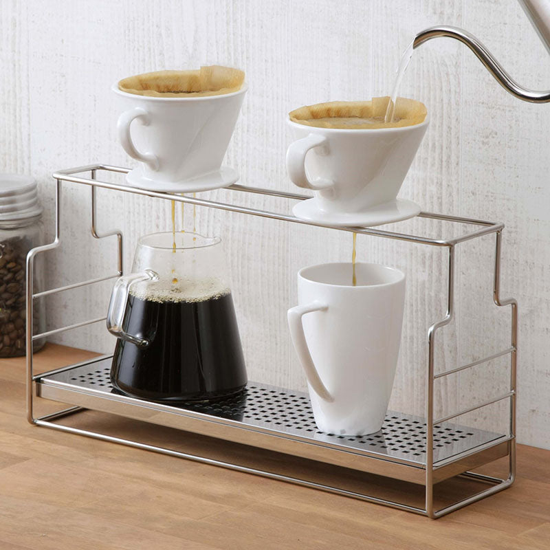 GraSUS Coffee Dripper Stand, Stainless Coffee Dripper Stand for Up to Three Cups at Once, Tray Moves to Three Heights, Left and Right Rests Fit Different Dripper Sizes, Removable Tray, Made in Japan in Tsubame-Sanjo, 40.2 x 12 x 21 cm and 850 g, Stainless