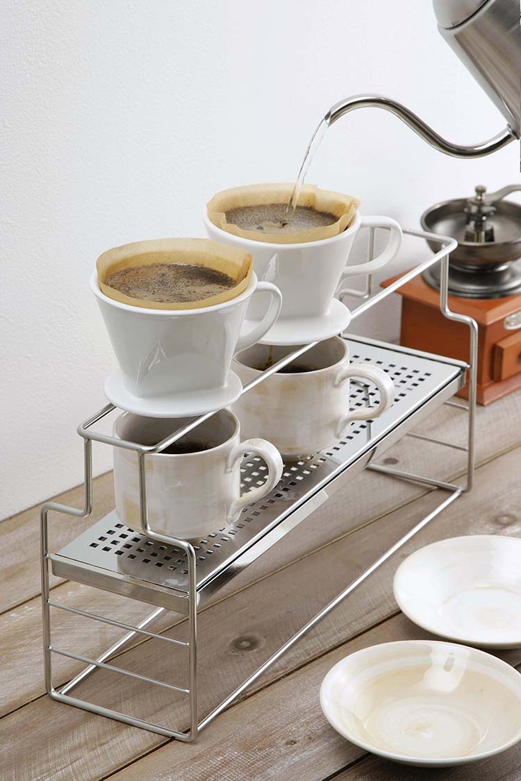 GraSUS Coffee Dripper Stand, Stainless Coffee Dripper Stand for Up to Three Cups at Once, Tray Moves to Three Heights, Left and Right Rests Fit Different Dripper Sizes, Removable Tray, Made in Japan in Tsubame-Sanjo, 40.2 x 12 x 21 cm and 850 g, Stainless