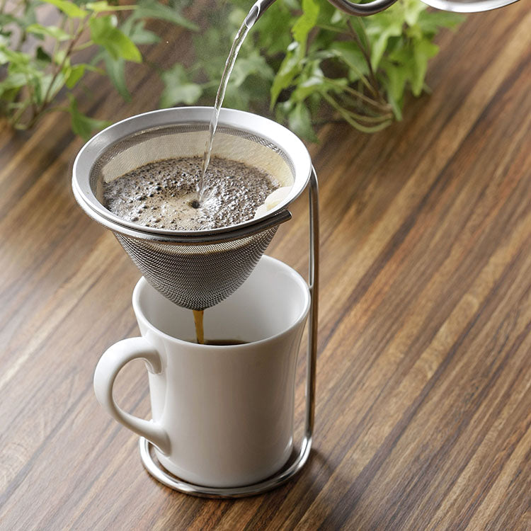 GraSUS Dripper and Stand, Stainless Dripper and Stand Set That Flips Over to Change Height for Different Cups, Brews Tea or Strains Dashi, Holds a Coffee Filter, Dishwasher Safe, Made in Japan, 11.5 x 11.5 x 16 cm and 165 g, Stainless