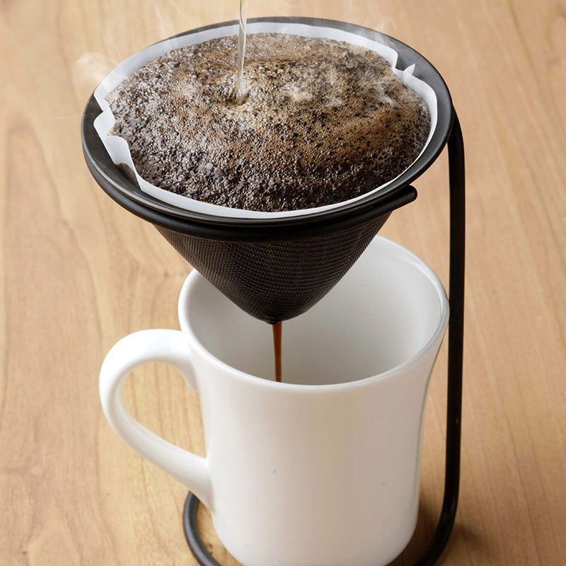 GraSUS Black Tea Dripper and Stand, Black Tea Dripper and Stand Set That Flips Over to Change Height for Different Cups, Also Strains Dashi or Holds a Coffee Filter, Made in Japan, 11.5 x 11.5 x 16.8 cm and 165 g, Black
