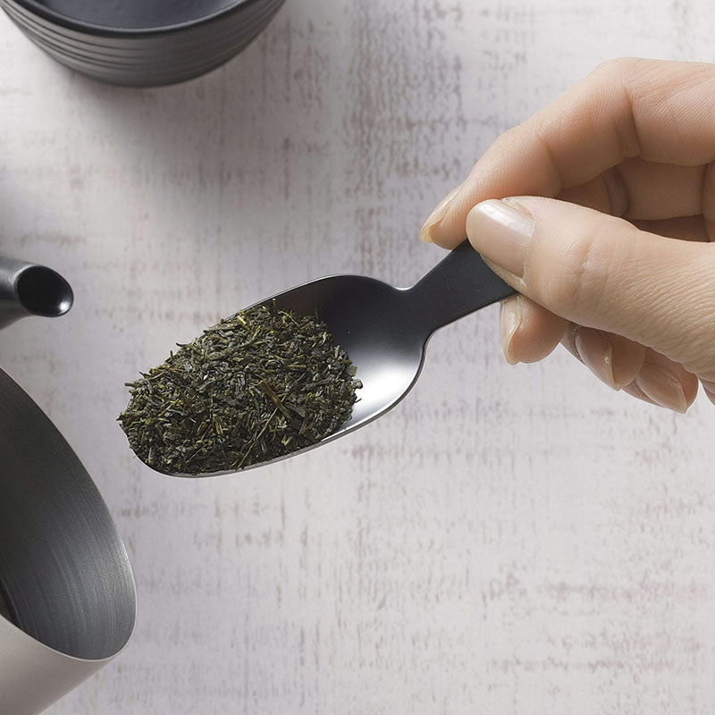 GraSUS Black Tea Spoon, Black Stainless Tea Spoon That Scoops About 2 g of Leaves Levelled and Has No Seams to Collect Dirt, Colour Formed on the Steel So It Lasts, Dishwasher Safe, Made in Japan, 3.1 x 9.3 x 1.6 cm and 20 g, Black