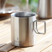 GraSUS Double-Wall Mug 330 mL, Double-Wall Stainless Mug 330 mL With a Folding Handle That Keeps Drinks at Temperature Longer and Packs Small for Camping, Rust-Resistant, Dishwasher Safe, Made in Japan, 8 x 11.2 x 9.5 cm and 200 g, Stainless