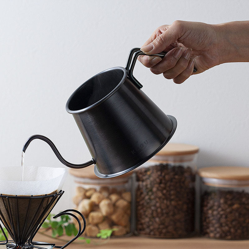 GraSUS Black Two Drip Pot Pro, Black Stainless 500 mL Drip Pot With an S-Shaped 6 mm Spout That Pours Almost Straight Down, Colour Formed on the Steel, Gas and Induction, Made in Japan, 25.5 x 13 x 11 cm and 325 g, Black
