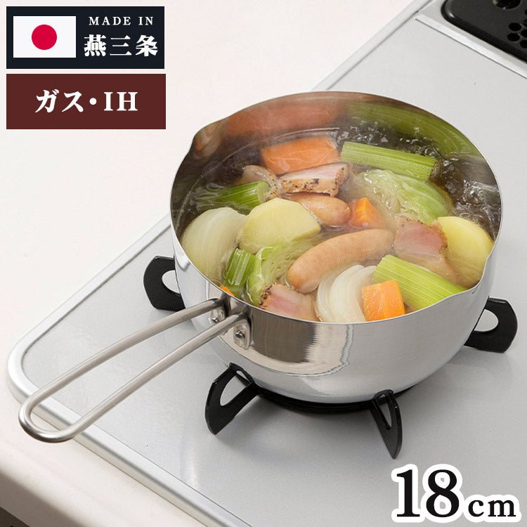GraSUS Stainless Snow Pan 18 cm, All-Stainless 18 cm Snow Pan With Pouring Lips on Both Sides and Marks Inside for Ramen or Miso Soup, Gas and Induction, Dishwasher Safe, Made in Japan, 33.8 x 19 x 12 cm and 470 g, Stainless