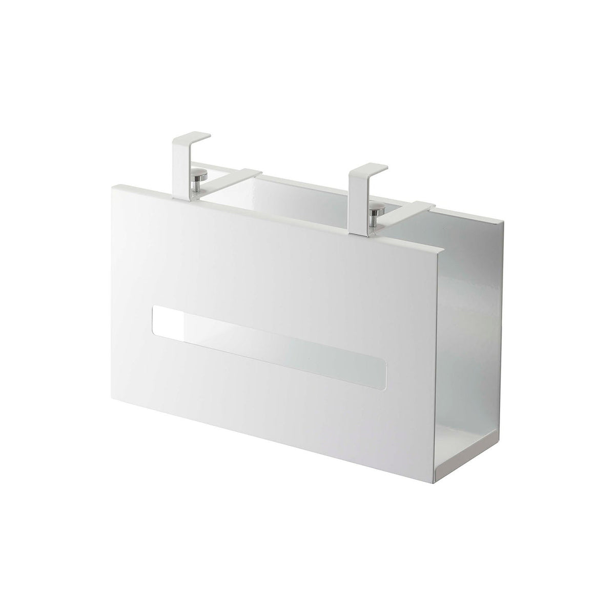 Yamazaki Tower Washbasin Under-Cabinet Tissue Box Holder, Holder That Grips the Shelf of a Wall Cabinet Over a Washbasin and Floats a Tissue Box in the Dead Space, Slide the Box in From the Side, Holds 500 g, 25 x 8.5 x 18.5 cm and 850 g, White or Black