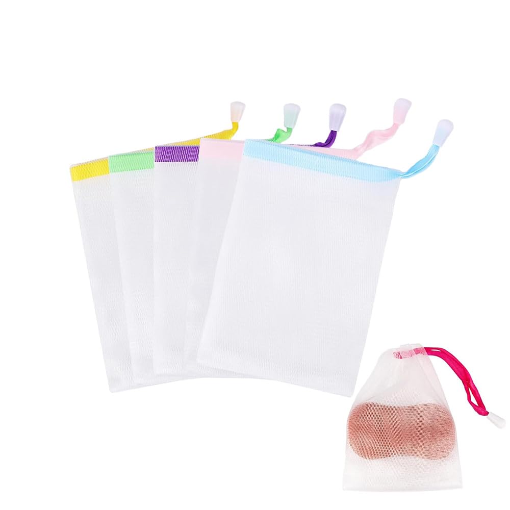 YIXINLYMY Soap Foaming Net Bags, Fine Mesh Soap Saver Pouch with Hanging Cord, About 15 x 9 cm, Nylon, Random Cord Colours, Set of 5, 10 or 20