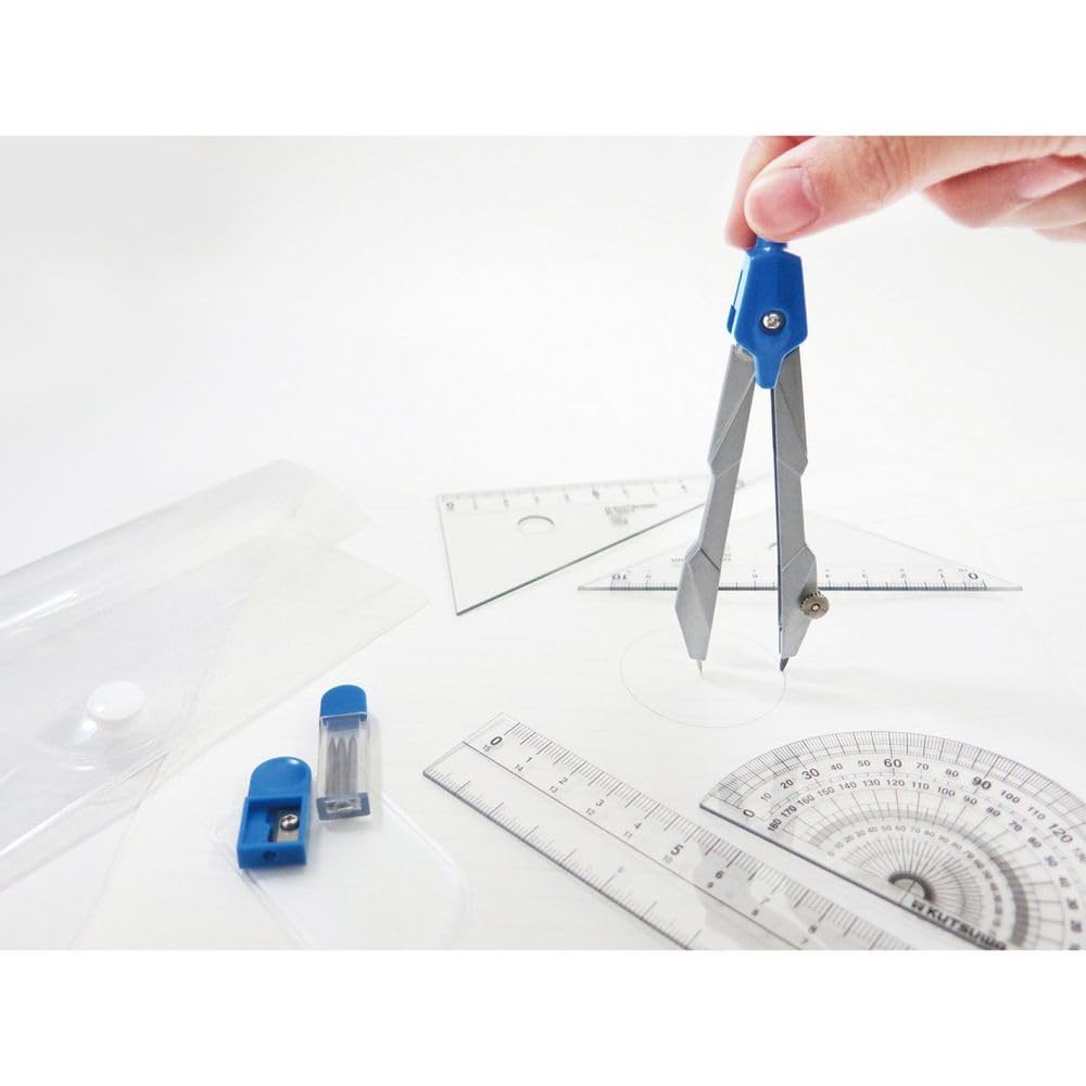 Kutsuwa Ruler Set, Black 4 Piece Set KB035 with 16 cm Ruler, Two Set Squares and Protractor in a Case, or Clear 7 Piece Set AP036 with Compass