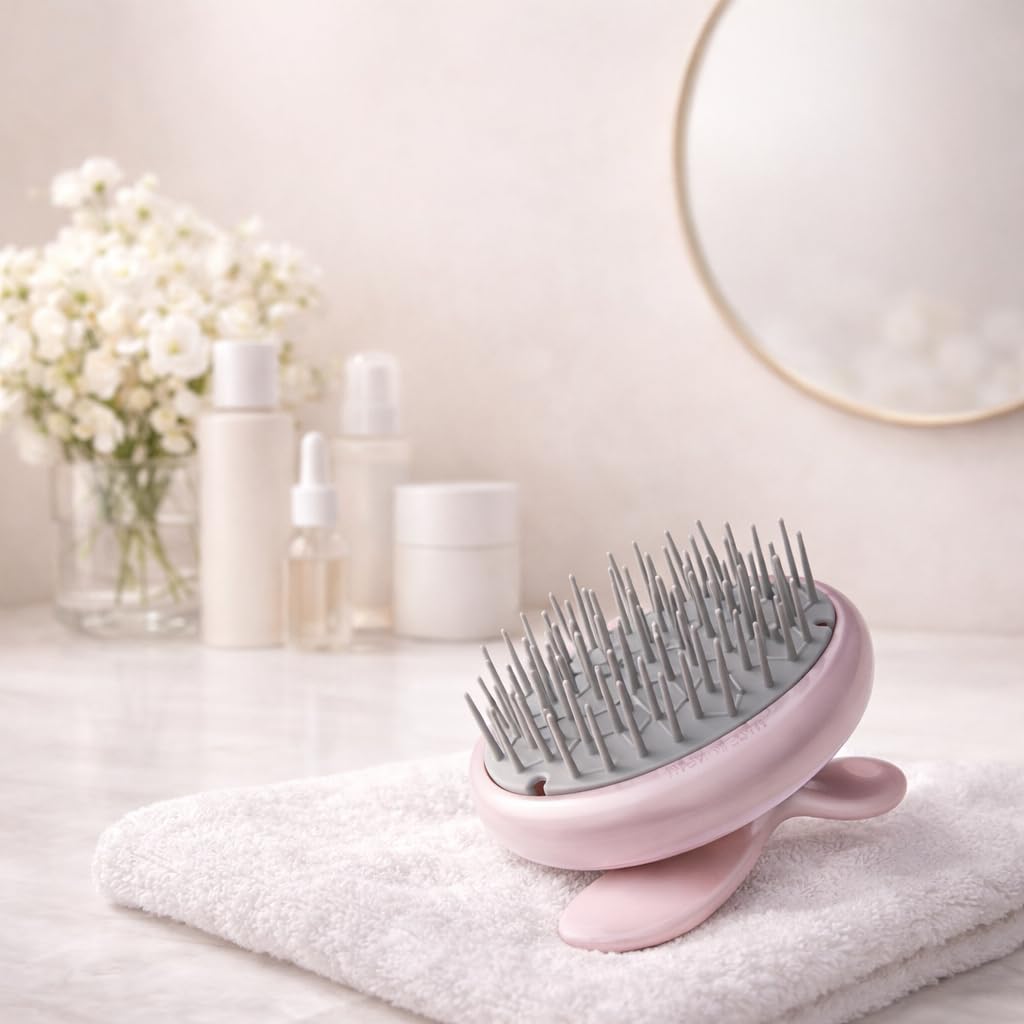 Scalp Scrubber Shampoo Brush with Hexagon Bristle Layout, Pink, for Long Hair and Head Massage, 41 g, Made in Japan