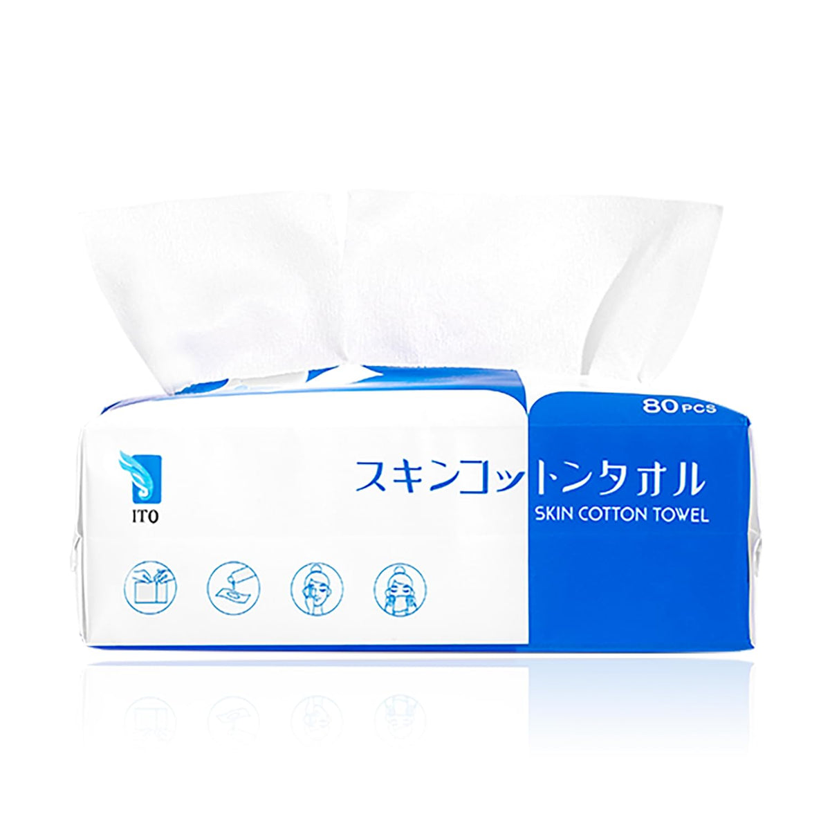 ITO Skin Cotton Towel, 320 Sheets (80 x 4 Packs) Perforated Disposable Face Towels and Cotton Puffs, Soft Pulp and Rayon Cleansing Towels