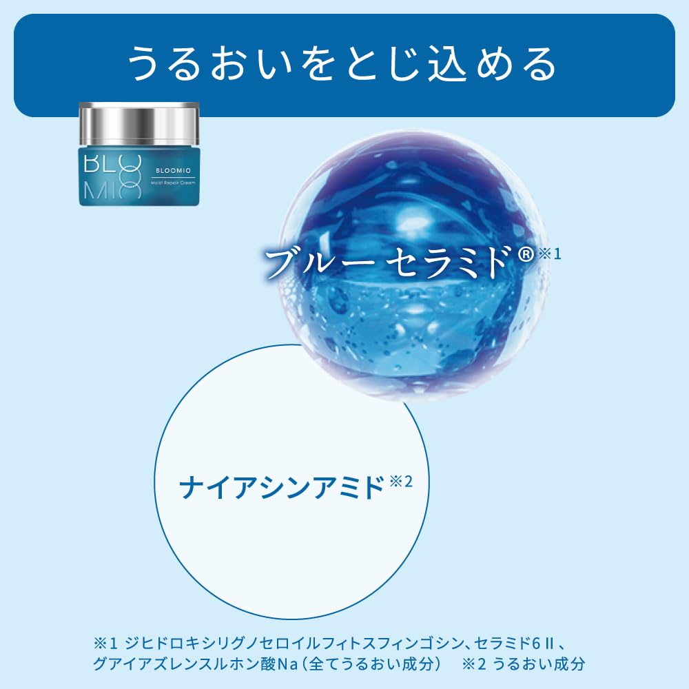 BLOOMIO Moist Repair Cream, Rich Face Cream with Blue Ceramide and Niacinamide, Calming Fruit Scent, 30 g Jar with Spatula