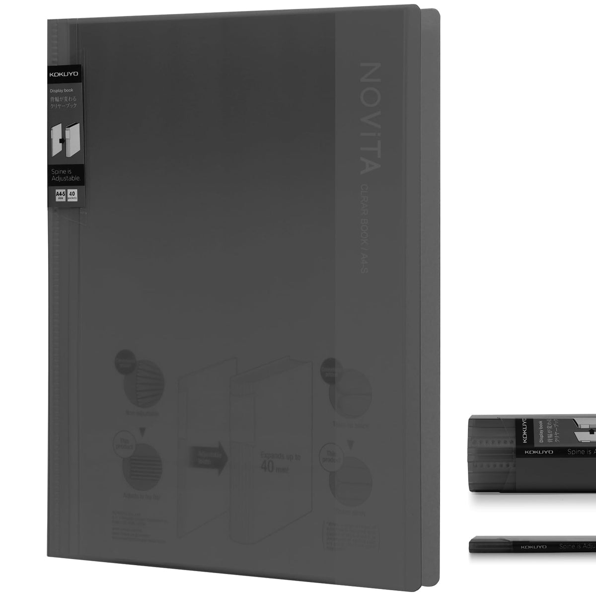 Kokuyo Novita Clear Book, Fixed Type A4-S with 40 Pockets for 500 Sheets, Spine Stretches 8 to 50 mm, 307 x 251 mm, Recycled PP Cover, Nine Colours