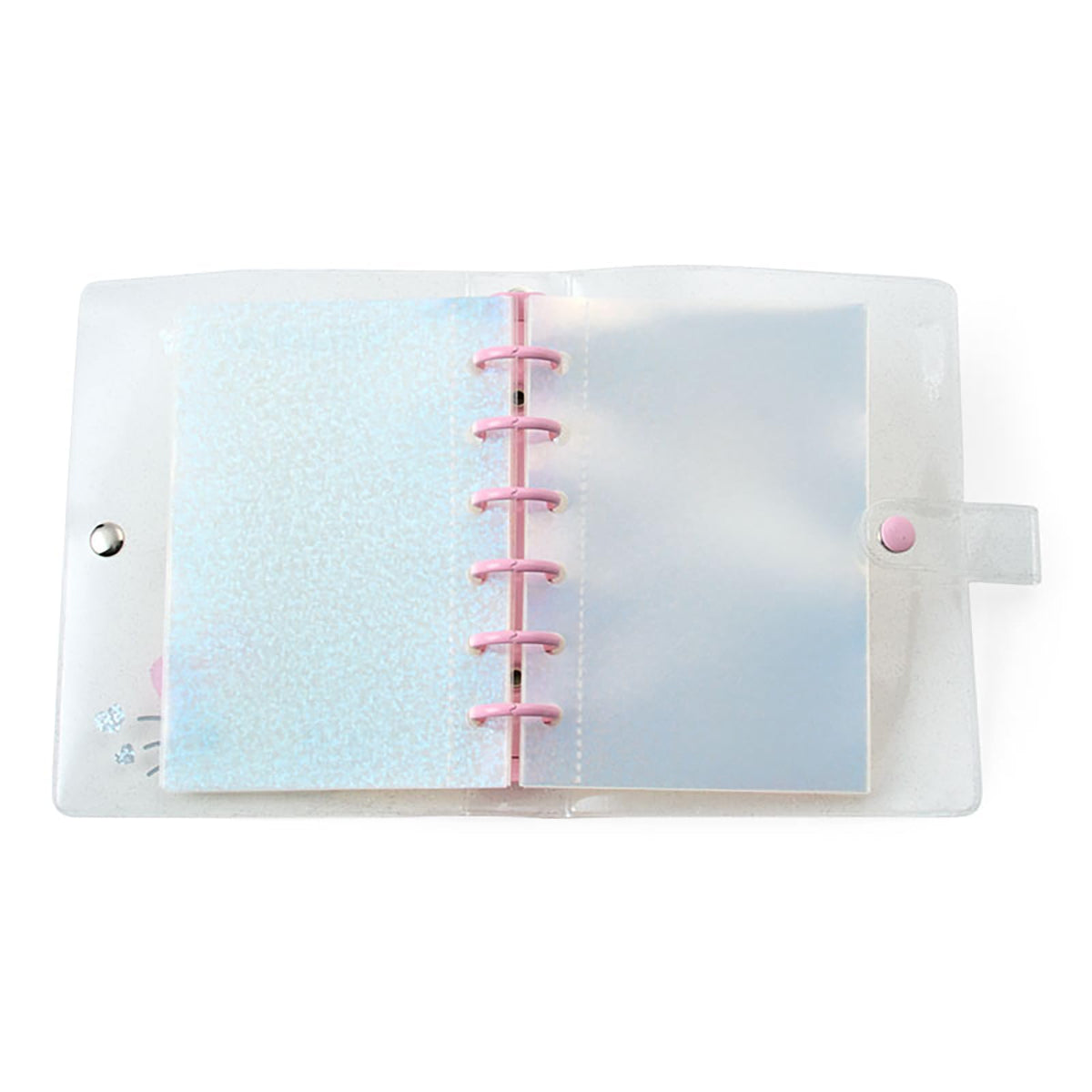 Sanrio Clear Sticker Binder, Six-Ring Snap-Button Binder with Holographic Glitter Refill Pockets for Stickers up to 7.3 x 12.9 cm, About 14 x 15 x 2.5 cm, Six Characters