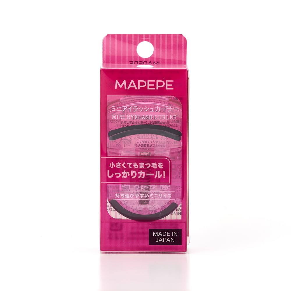 Mapepe Mini Eyelash Curler, Compact Pink Curler with Antibacterial Silicone Rubber and Spare Rubber, Made in Japan