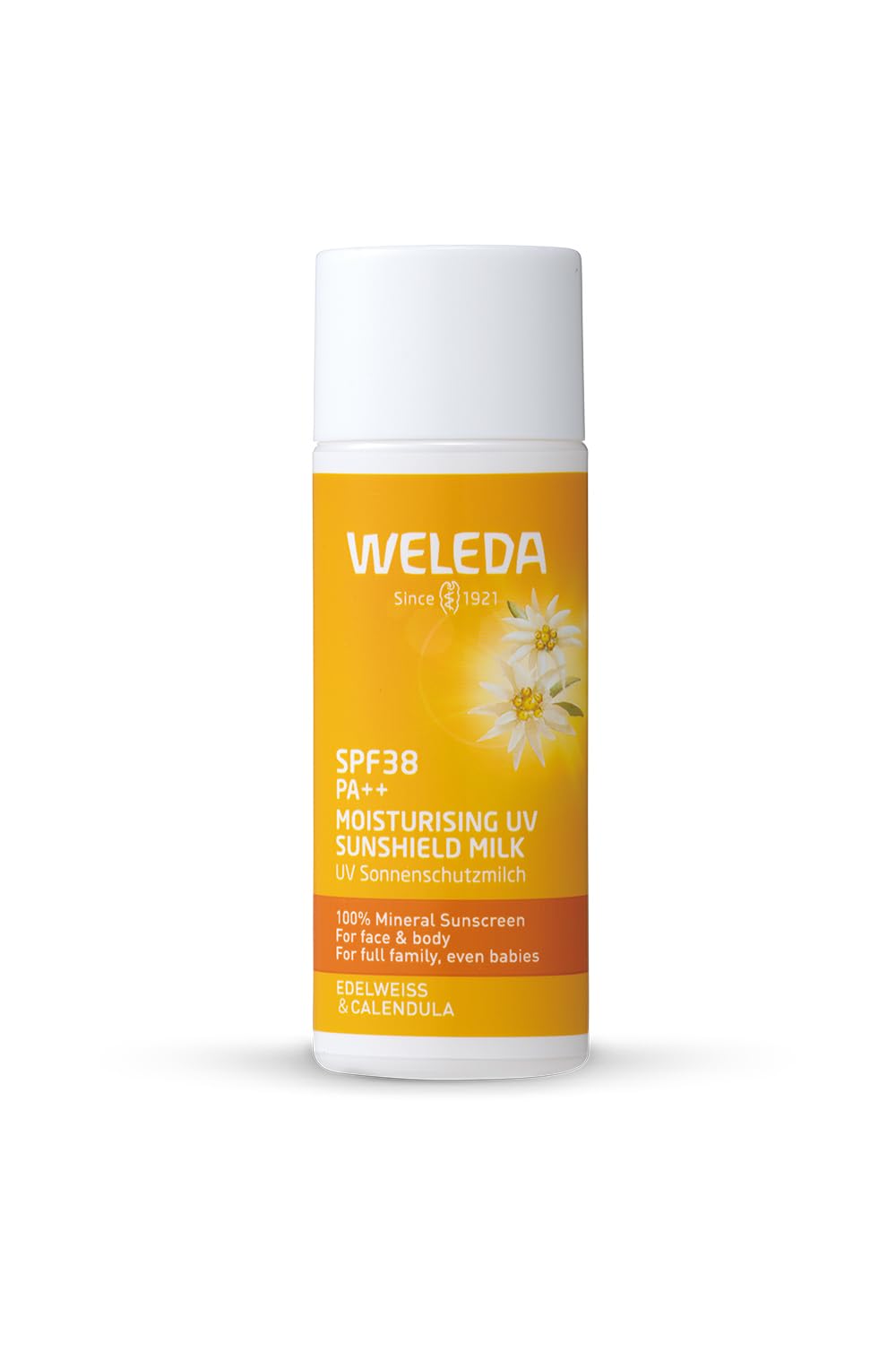 Weleda Edelweiss UV Protect Milk SPF38 PA++, Non-Chemical Mineral Sunscreen Milk for Face and Body, Fragrance of Natural Origin, Uncoloured, 50 mL or 90 mL