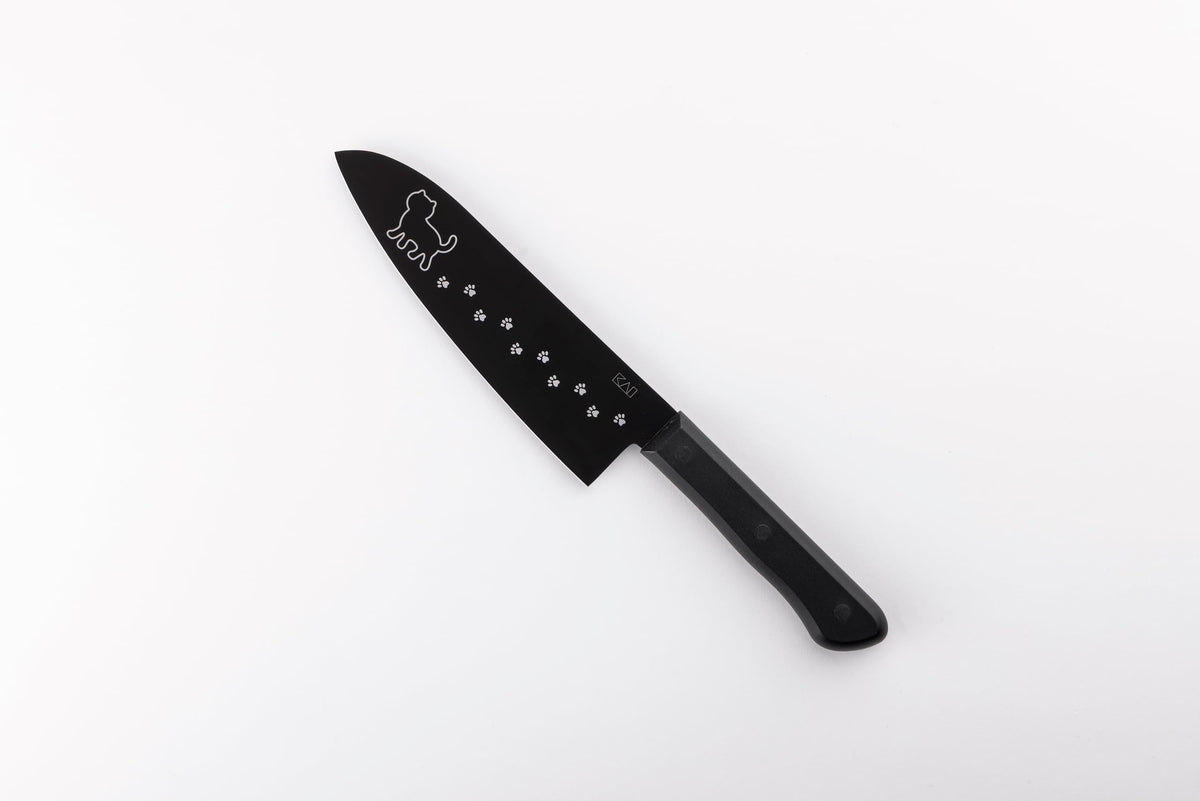 KAI Nyammy Cat Santoku Knife 165 mm, Non-Stick Coated Blade, Warm Grey or Black