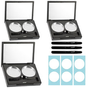 GIOECRY Empty Eyeshadow Palette Cases, Set of 3 Refillable 2-Pan Makeup Cases with Mirror, Brushes and Adhesive, 26.3 mm Pans