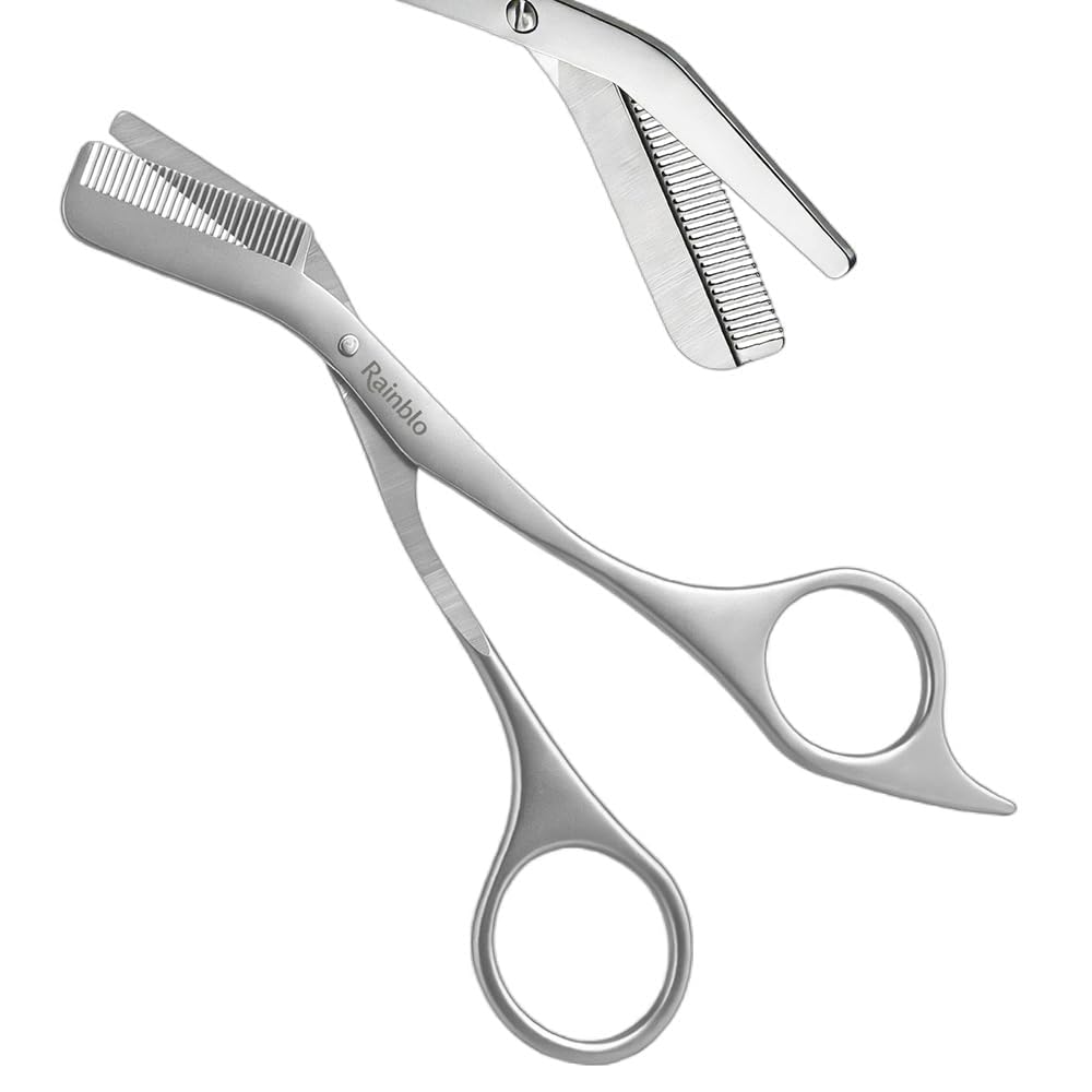 Rainblo Eyebrow Scissors with 5 mm Comb, One-Piece Stainless Steel Brow Trimming Scissors with Storage Tin, 14.2 cm
