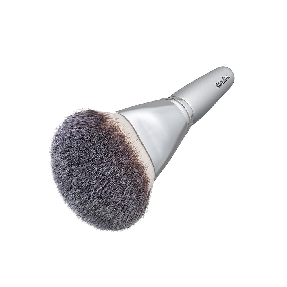 Rosy Rosa Powder Fan Brush, Silver-Handled Makeup Brush for All Powders with Soft Cover, Fits Wide Areas and Contours of the Face