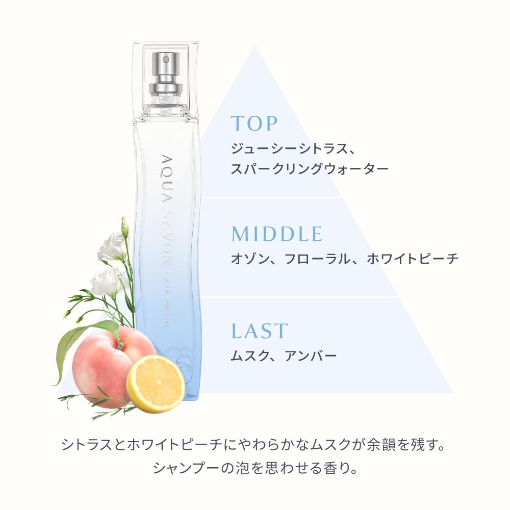 AQUA SAVON Eau de Toilette Watery Shampoo 80 mL, Fresh Citrus White Peach Musk Fragrance Spray, Soap Bubble Scent