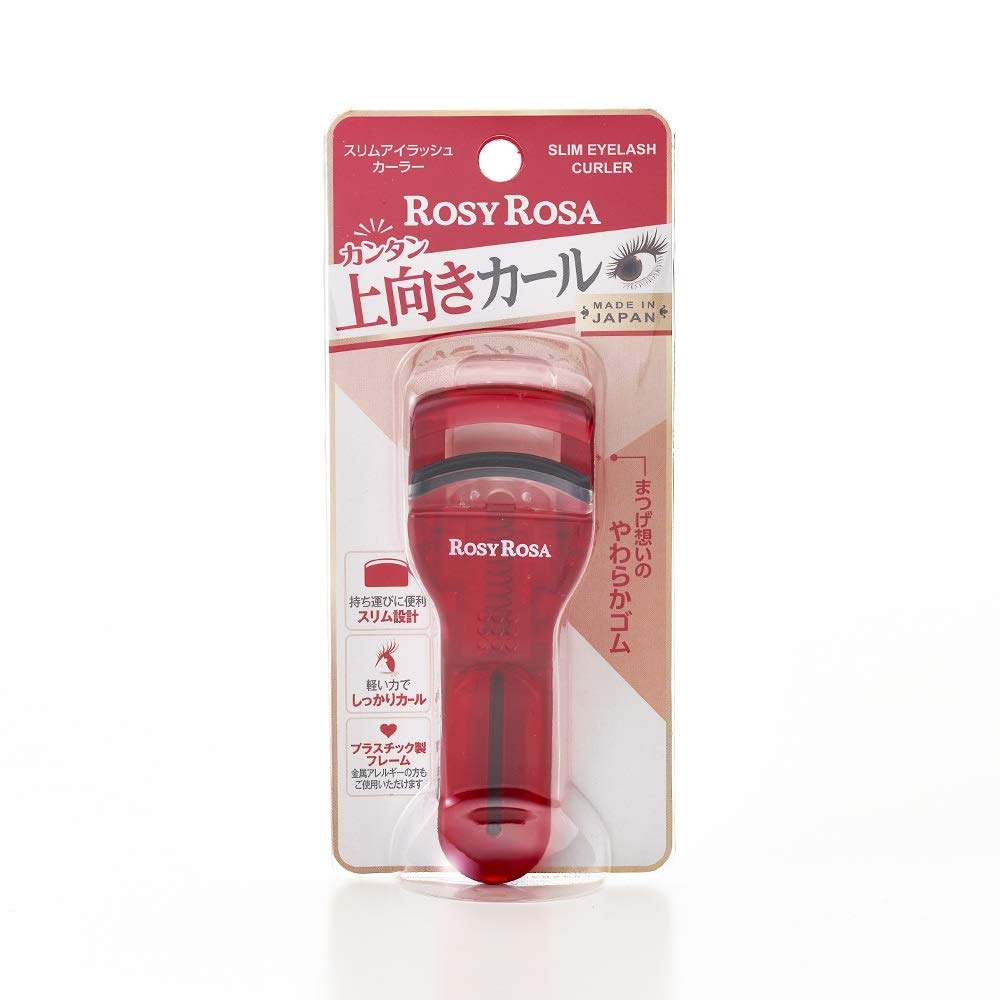 Rosy Rosa Slim Eyelash Curler, Compact Red Eyelash Curler with Stepped Silicone Pad and Built-In Spare Pad, Gentle 35.8R Curve