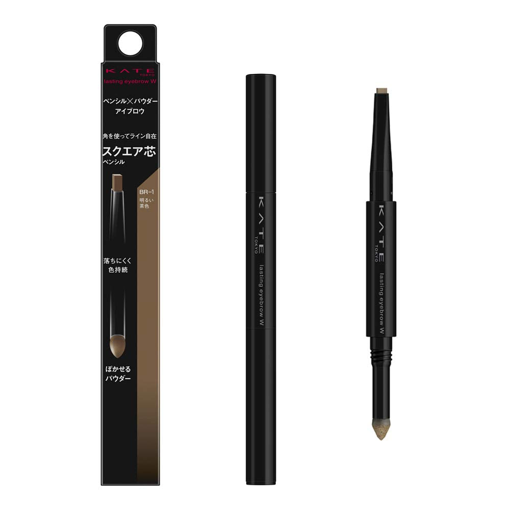 Kate Lasting Design Eyebrow W Square, Two-Ended Square-Core Eyebrow Pencil and Blending Powder Tip in BR-1 Light Brown, BR-3 Natural Brown or BR-5 Ash Brown, Made in Japan