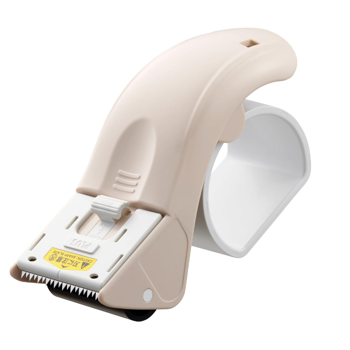 PLUS Grip Cut Packing Tape Cutter TC-500P, Hand-Held Dispenser for OPP and Kraft Tape up to 50 mm Wide, 75 mm Core, 66 x 166 x 76 mm and 156 g, Blue or Beige, With or Without Spare Blade