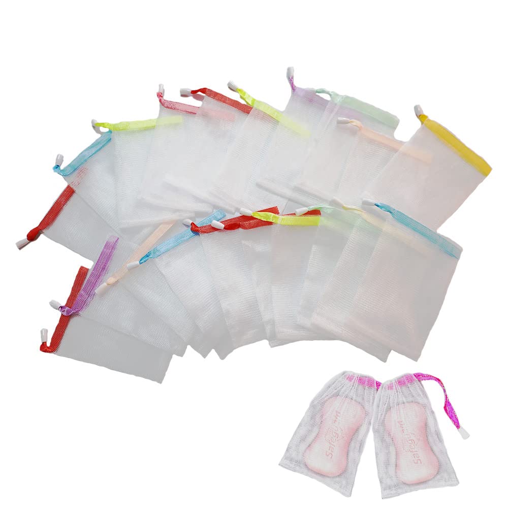 YIXINLYMY Soap Foaming Net Bags, Fine Mesh Soap Saver Pouch with Hanging Cord, About 15 x 9 cm, Nylon, Random Cord Colours, Set of 5, 10 or 20