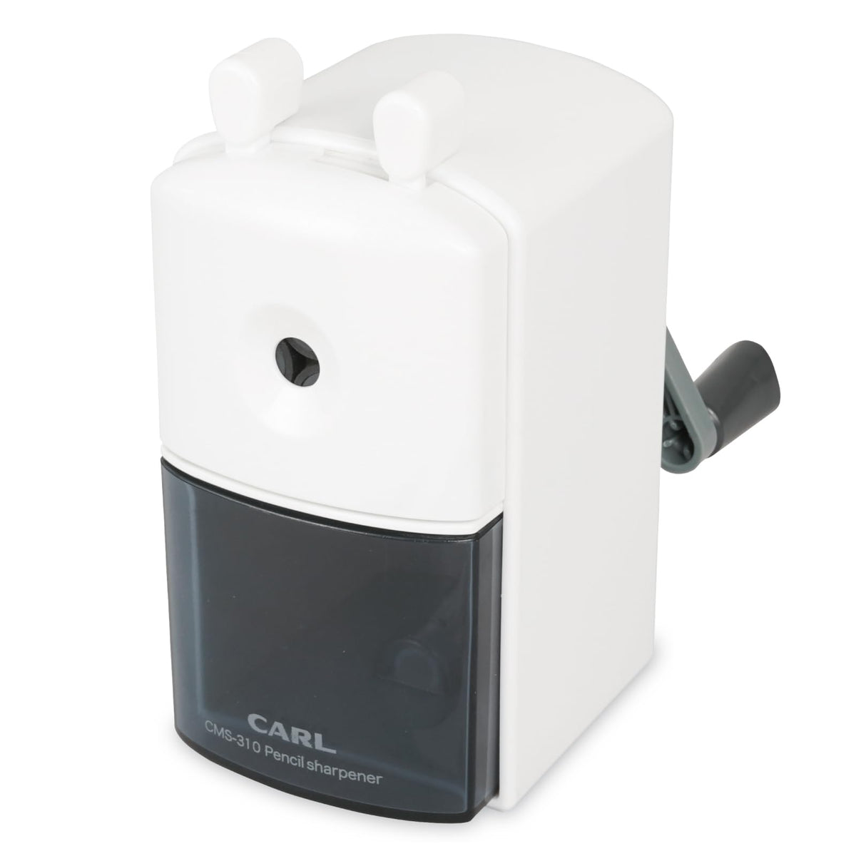 CARL Manual Desk Pencil Sharpener CMS-300 with Broken-Lead Release Button, Hand-Crank Sharpener for 8 mm Pencils, 70 x 137 x 140 mm and 275 g, Blue, Red or White