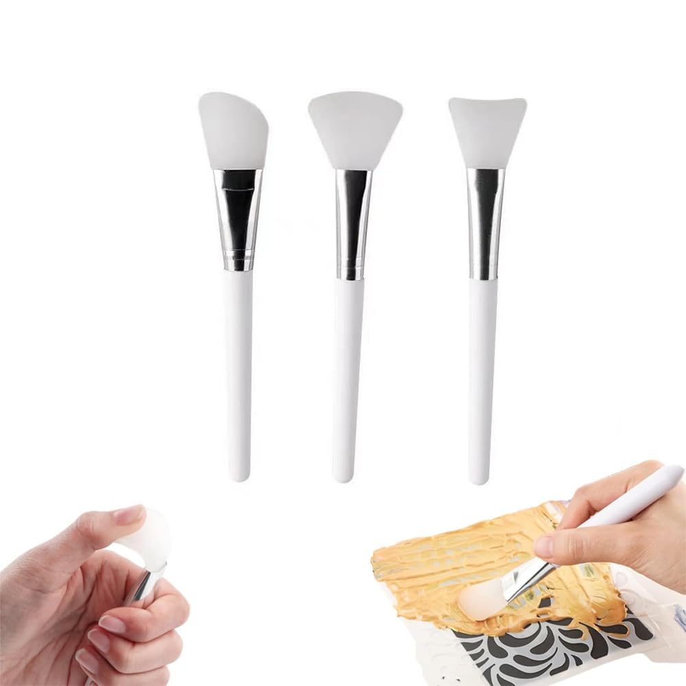 Qikeji Silicone Mask Brush Set of 3, Face Mask and Lotion Applicator Brushes in Three Head Sizes, White Handles with Metal Ferrules