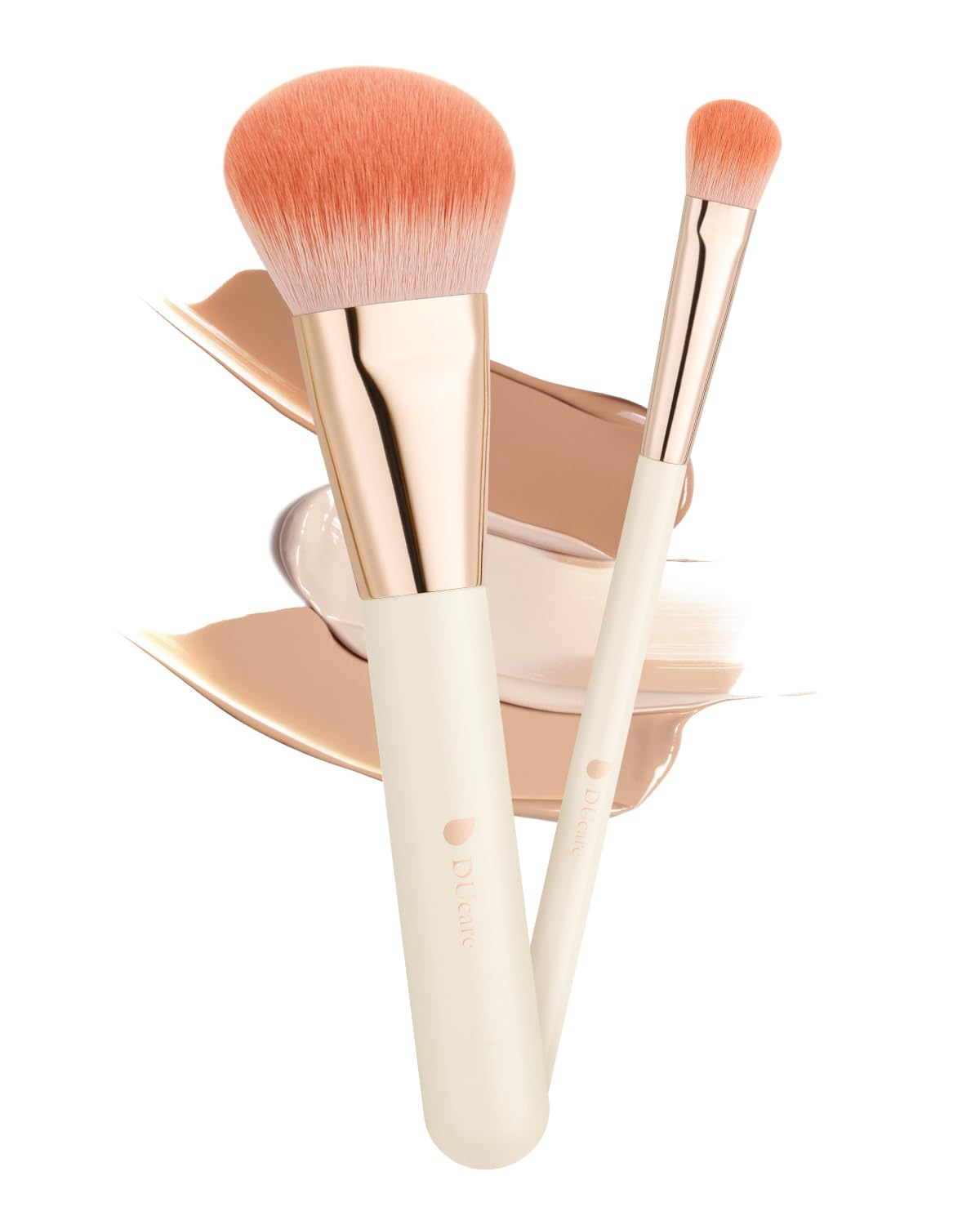 DUcare Angled Foundation Brush and Concealer Brush Set of 2 DS0216, Cream Handles with Rose-Gold Ferrules and Soft Fibre Bristles