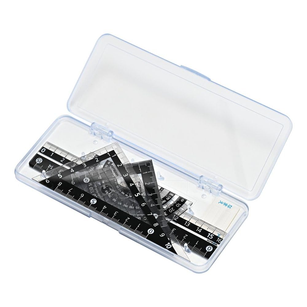 Kutsuwa Ruler Set, Black 4 Piece Set KB035 with 16 cm Ruler, Two Set Squares and Protractor in a Case, or Clear 7 Piece Set AP036 with Compass