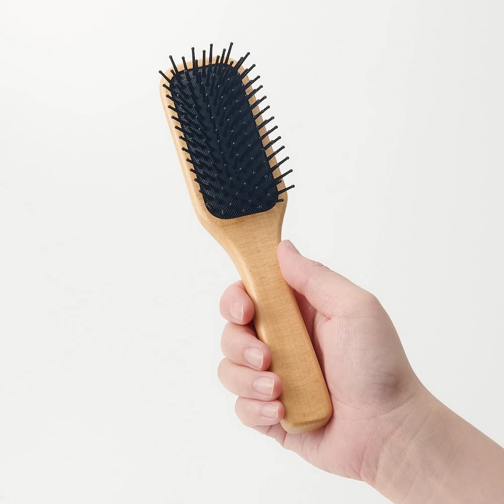 MUJI Beech Wood Hair Brush, 20 cm, Cushioned Nylon-Pin Paddle Brush