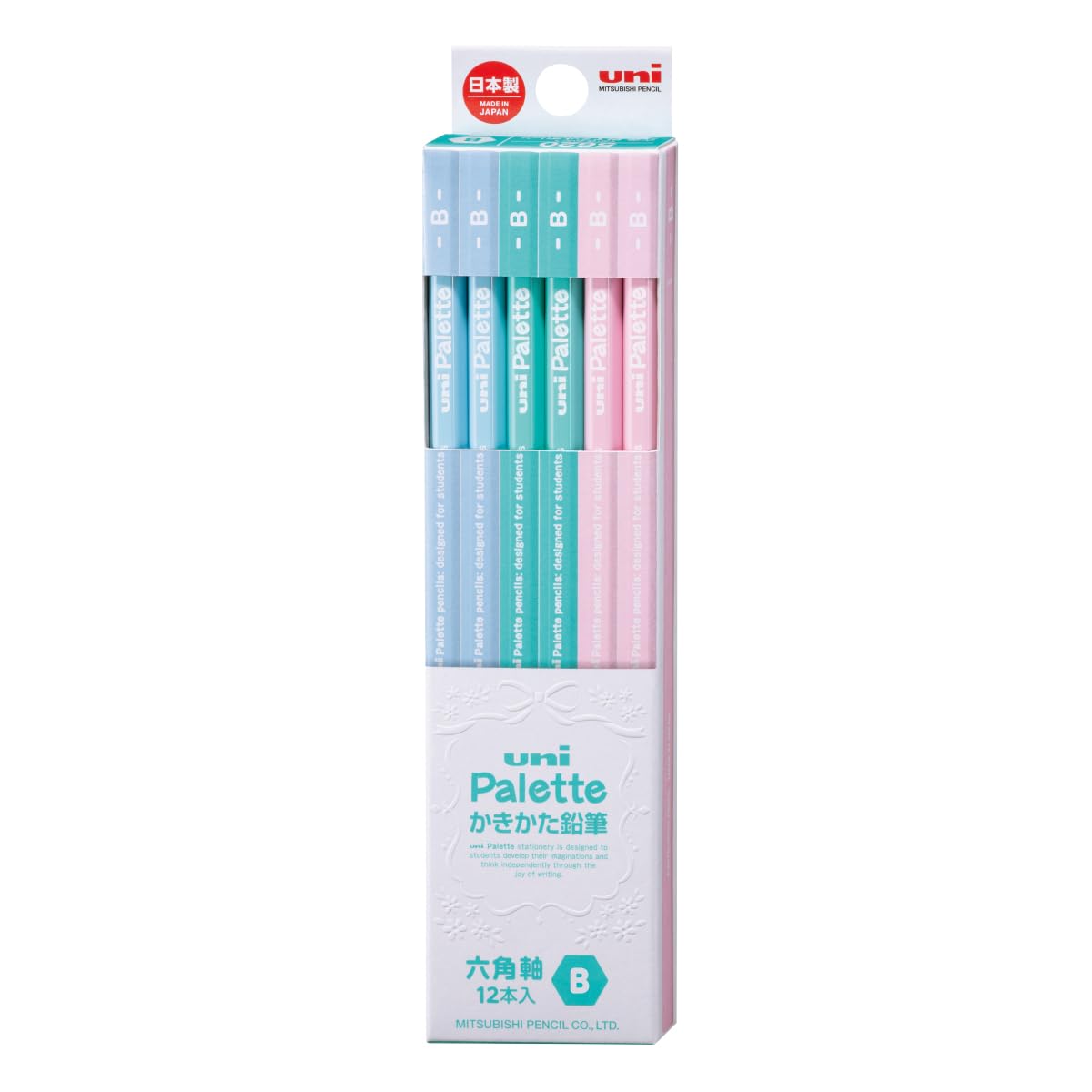 Mitsubishi Pencil Uni Palette Kakikata Learning Pencils, Hexagonal Shaft, Box of 12, Grades HB, B, 2B, 4B or 6B in Pastel, Mint, Navy, Ivory and Character Designs, 47 x 198 x 17 mm and 66 g