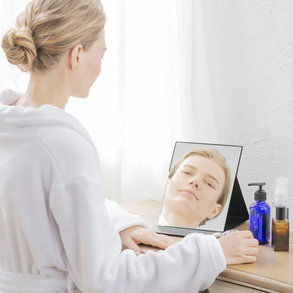 Pro Model Folding Makeup Mirror, Frameless Polished Glass with a Cushioned Fold-Out Cover, 4 Sizes, Black or Pink