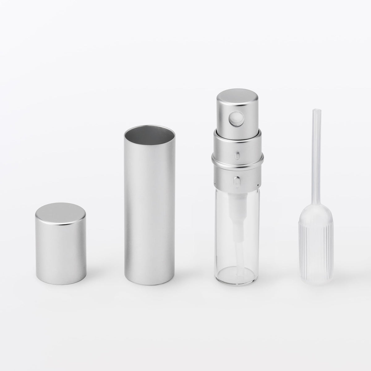 Muji Aluminium Atomiser, 4 mL Refillable Perfume Spray Bottle with Glass Bottle and Dropper, Silver