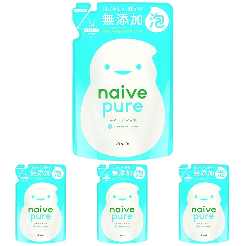 Naive Pure Additive-Free Foaming Body Wash, Plant-Based Cleansing Ingredients, Fragrance-Free and Colorant-Free for the Whole Family, 550 mL Pump, 450 mL Refill or Four Refills