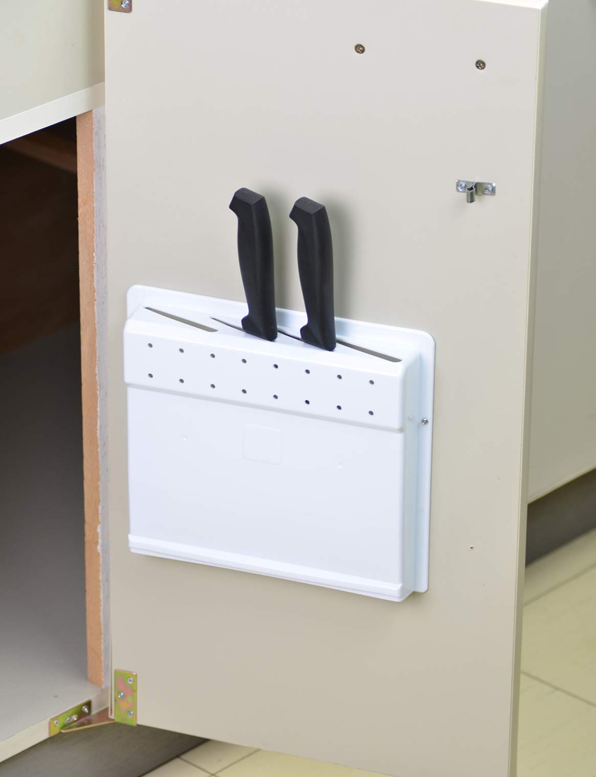 GAONA Under-Sink Door Knife Holder, Polypropylene Rack for Four Knives Fixed Inside a Cabinet Door, 24.1 x 3.95 x 21.35 cm and 140 g, White