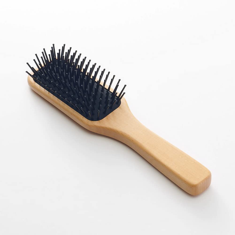 MUJI Beech Wood Hair Brush, 20 cm, Cushioned Nylon-Pin Paddle Brush