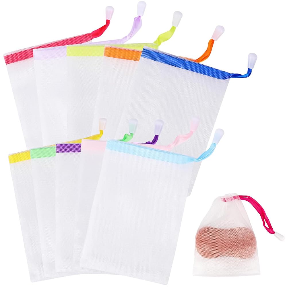 YIXINLYMY Soap Foaming Net Bags, Fine Mesh Soap Saver Pouch with Hanging Cord, About 15 x 9 cm, Nylon, Random Cord Colours, Set of 5, 10 or 20