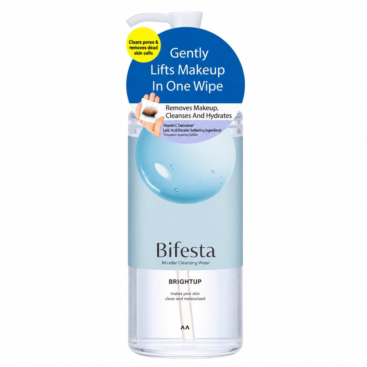 Bifesta Micellar Cleansing Water Bright Up, Wipe-Off Makeup Remover for Clogged Pores and Dull Skin, Oil-Free, Fragrance-Free, 400 mL